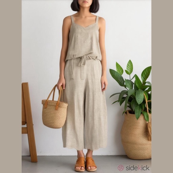 Monteau size L linen blend oatmeal color jumpsuit cropped summer wide leg - Picture 1 of 7